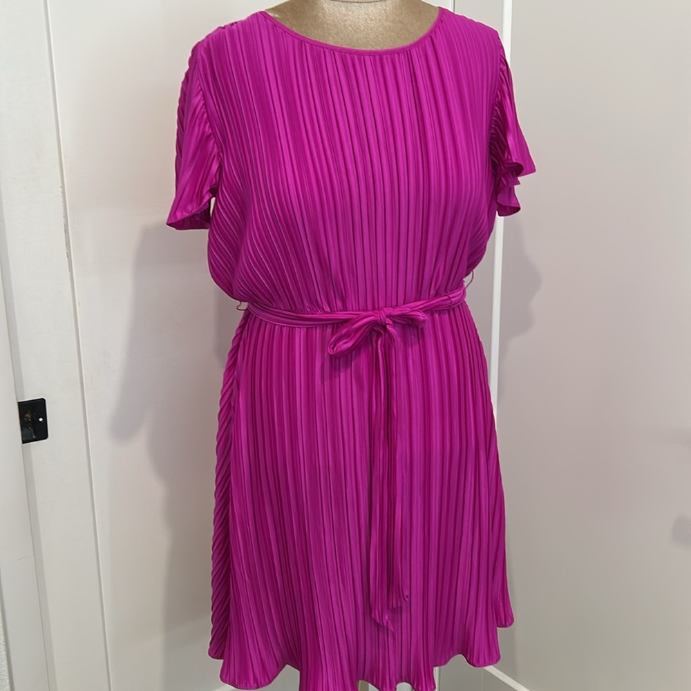 DKNY Pleated Fit and Flare Dress in Flamingo |Size 12